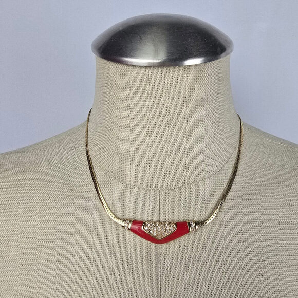 Vintage Jewelry - Vintage Vendome Red Enamel Crystal Detail Collar Necklace